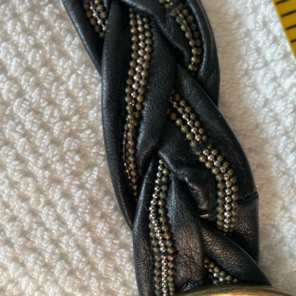 NWT Genuine leather Braided picadilly slouch black belt Brass silver s/m vintage